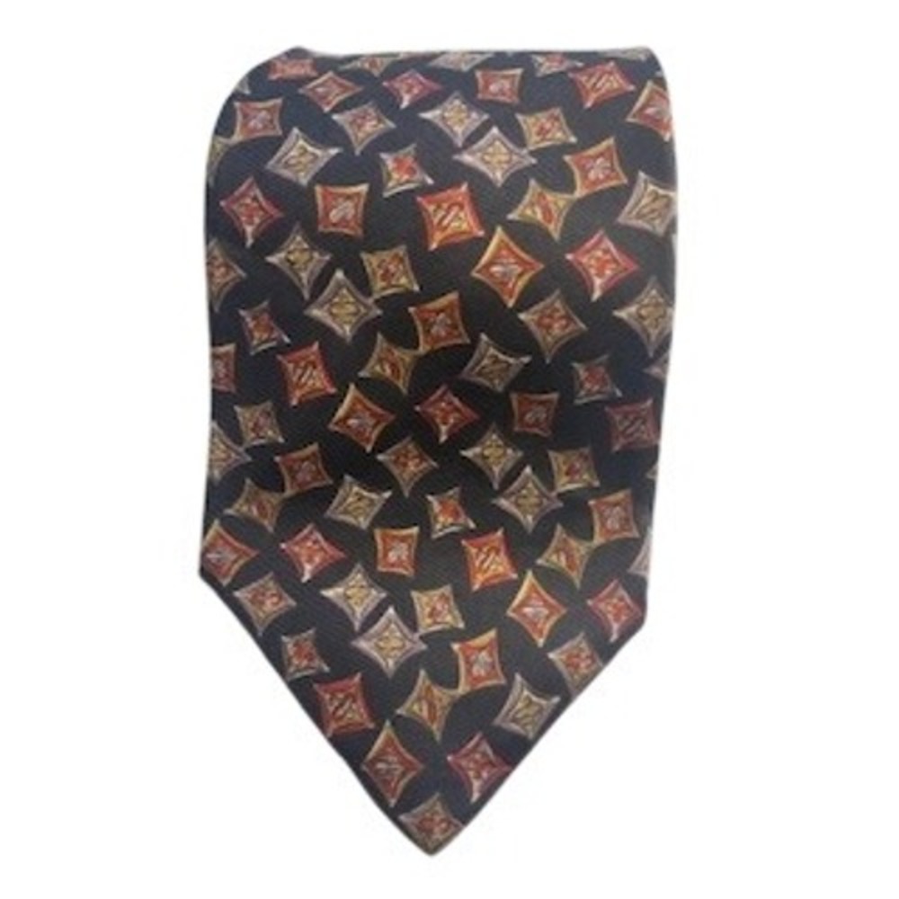 Oleg Cassini Necktie Black Red Gold Geometric Diamond Pattern Tie 3-3/4" x 60"‎